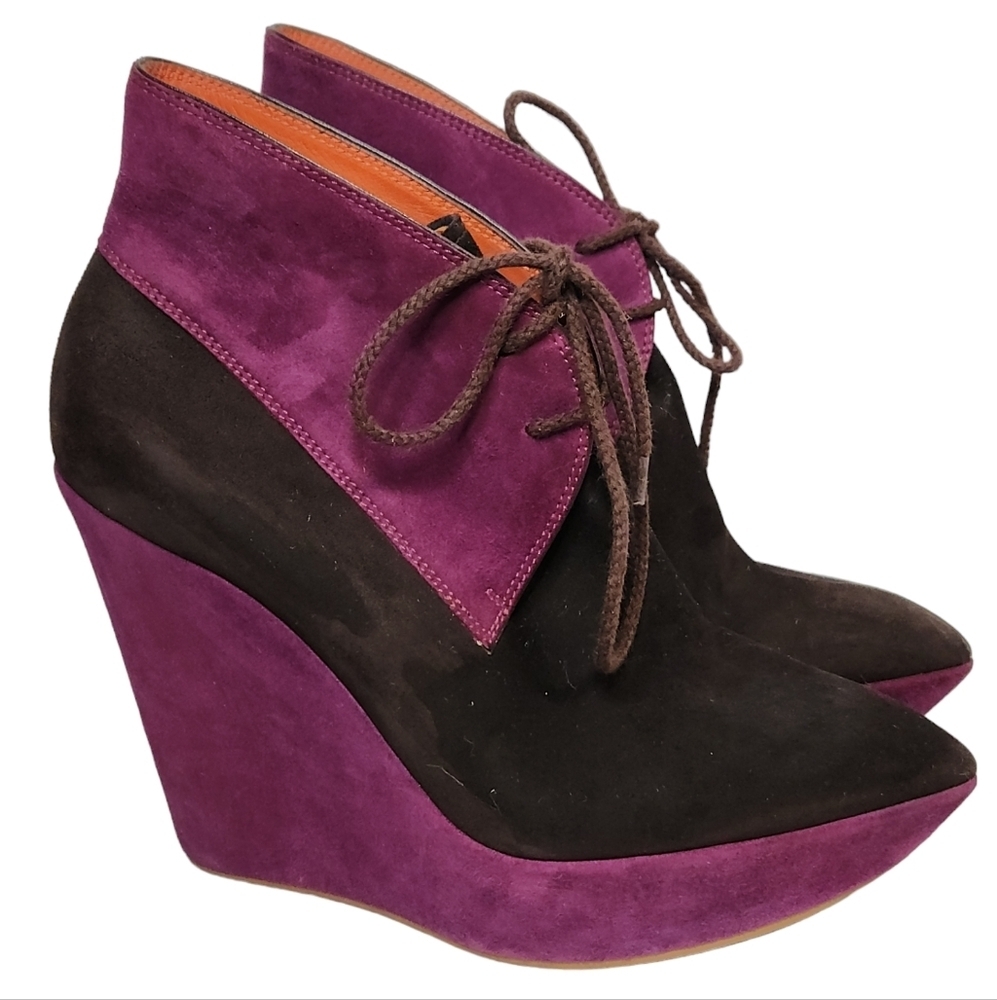 Santoni‎ Rose Collection Lace Up Platform Ankle Boots Purple & Brown Suede SZ 39